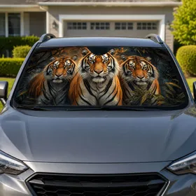 Three Bengal Tigers In Dark Jungle Dusk For Safari Road Trips And Wildlife Nature Fans Car Sunshade