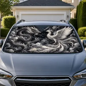 Monochrome Dragon And Phoenix Asian Myth Fantasy For Prosperity Harmony Décor Lovers Car Sunshade