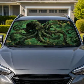Mystic Black Ink Octopus On Emerald Teal Grunge For Nautical Goth Ocean Decor Fans Car Sunshade