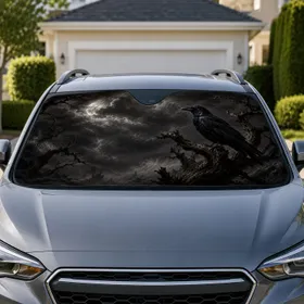 Gothic Black Raven On Dead Branch Moody Storm Sky Decor For Dark Nature Bird Lovers Car Sunshade