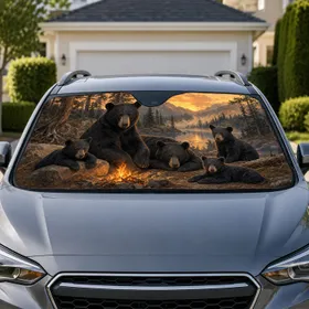 Black Bear Family Campfire Vintage Forest Lake Camping Wilderness Decor For Nature Fans Car Sunshade