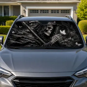 Gothic Grim Reaper Skull With Scythe And Butterfly Dark Monochrome Decor For Goths Car Sunshade