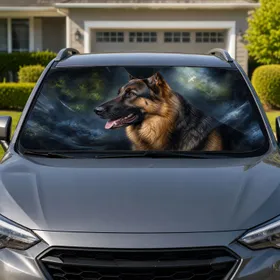 Realistic German Shepherd Portrait With Blue Gray Forest Glow For Dog Lovers On Road Trips Car Sunshade