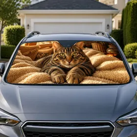 Realistic Brown Black Tabby Cat On Cream Sherpa Blanket Cozy Cabin Decor For Cat Lovers Car Sunshade
