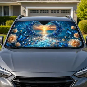 Blue Blossom Heart Light Path With Butterflies For Romantic Ocean Dusk Summer Drives Car Sunshade