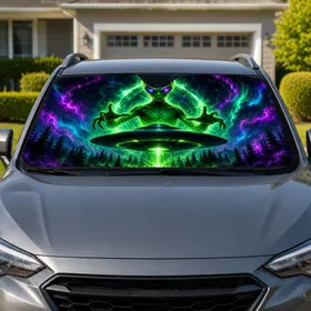 Neon Alien UFO Forest Aurora Space Scene For Sci Fi Road Trip Style Mystery Lovers Car Sunshade