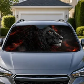 Dark Lion Head Profile With Glowing Red Eyes For Gothic Fantasy Auto Decor Style Car Sunshade