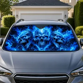 Blue Flame Gothic Skulls Dark Fantasy Horror Decor For Metalheads And Haunted Rides Car Sunshade