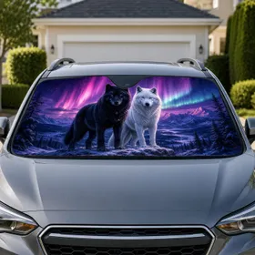 Aurora Wolves On Snowy Mountain Ridge For Arctic Night Wilderness Adventure Lovers Car Sunshade