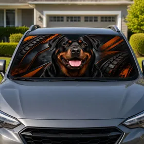 Realistic Rottweiler Portrait With Rugged Tire Tread Adventure Style For Dog Lovers Car Sunshade