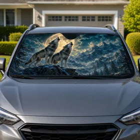 Moonlit Howling Gray Wolves And Alpine Peaks For Mystic Wilderness Road Trips Fans Car Sunshade