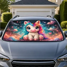 Baby Unicorn Rainbow Fantasy Teal Hearts Cute Magical Decor For Girls Road Trips Car Sunshade