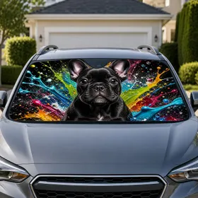 Black French Bulldog Puppy With Neon Paint Splashes For Road Trips And Dog Lovers Car Sunshade