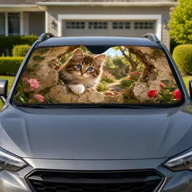 Cute Kitten Breaking Through Rustic Garden Wall Golden Light Decor For Cat Lovers Car Sunshade