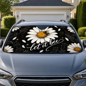 White Daisy Let It Bee Floral Quote Black Botanical Decor For Spring Road Trips Fans Car Sunshade