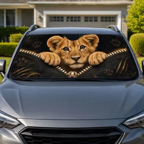 Realistic Baby Lion Cub Peeking From Zipper Safari Decor For Wildlife Lovers Gift Car Sunshade