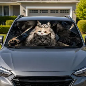 Realistic Stacked Cats Noir Feline Portrait For Road Trip Style And Cat Lovers Gift Car Sunshade