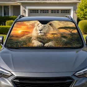 Majestic White Lion African Savannah Sunset Safari Wildlife Decor For Nature Lovers Car Sunshade
