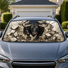 Charging Black Bull Breaking Stone Wall Dramatic Western Rodeo Ranch Gift For Men Car Sunshade