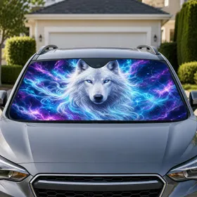Glowing White Arctic Wolf Spirit With Aurora Energy For Fantasy Night Drive Fans Car Sunshade