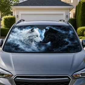White And Black Wolf Yin Yang Pair With Icy Blue Eyes For Gothic Wildlife Decor Fans Car Sunshade