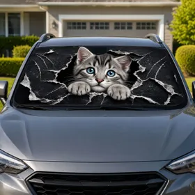 Realistic Gray Tabby Kitten Peeking Through Torn Paper For Cat Lovers Daily Drives Car Sunshade