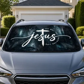 White Jesus Cross Wordmark With The Way Truth Life For Daily Christian Faith Drivers Car Sunshade