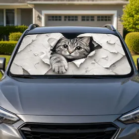 Realistic Gray Tabby Cat Tearing Through Paper For Pet Lover Daily Commute Travel Decor Car Sunshade