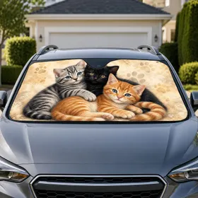 Three Cuddly Kittens With Soft Paw Motifs Cute Cozy Cat Lover Gift For Daily Travel Car Sunshade