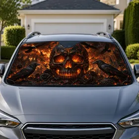 Fiery Halloween Skull With Ravens Black Roses And Gothic Cathedral For Horror Fans Car Sunshade
