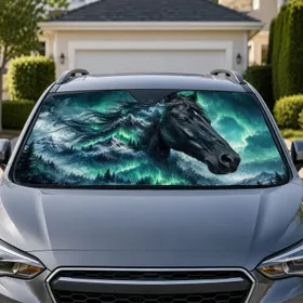 Black Horse With Aurora Mountains Winter Night Decor For Fantasy Wildlife Lovers Car Sunshade