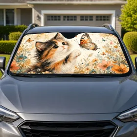Whimsical Calico Kitten With Butterfly Watercolor Garden Decor Gift For Cat Lovers Car Sunshade