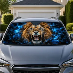 Roaring Blue Lightning Lion With Roses For Bold Storm Energy Style For Wildlife Fans Car Sunshade