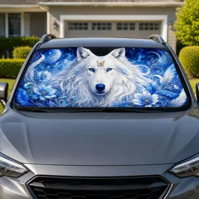Arctic Wolf With Blue Eyes And Butterfly Celestial Fantasy Decor For Nature Lovers Car Sunshade