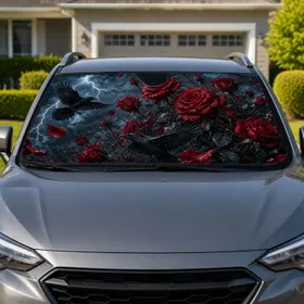 Gothic Crimson Roses With Ravens And Lightning For Dark Storm Aesthetic Driver Gifts Car Sunshade