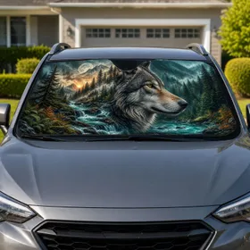 Realistic Gray Wolf With Mountain Forest River Scene For Wilderness Road Trip Lovers Car Sunshade