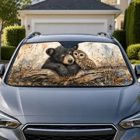 Watercolor Bear Cub And Woodland Owl Meadow Decor For Nature Lovers And Campers Kids Car Sunshade