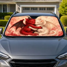 Hugging Baby Dragons In Crimson And Ivory For Fantasy Lovers And Cozy Gift Style Car Sunshade