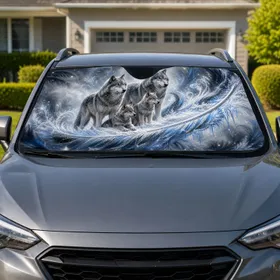 Fantasy Wolf Family With Icy Feather Plumes For Arctic Winter Wildlife Decor Fans Car Sunshade