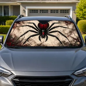 Black Widow Spider With Crimson Hourglass Webs Gothic Horror Decor For Halloween Fans Car Sunshade