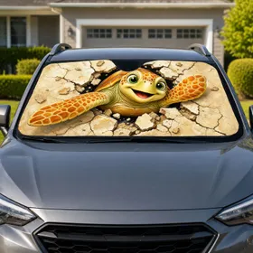 Cheerful Baby Sea Turtle Bursting Through Cracked Plaster For Coastal Beach Lovers Car Sunshade