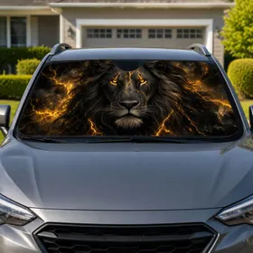 Glowing Black Lion Head With Molten Gold Cracks For Dark Fantasy Decor Fans And Leo Gifts Car Sunshade