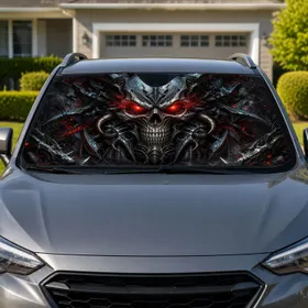 Biomechanical Skull Mask With Molten Red Eyes For Dark Fantasy Ride Style Enthusiasts Car Sunshade