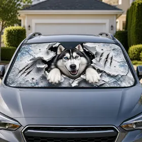Realistic Siberian Husky Torn Paper Breakout Arctic Winter Decor For Husky Dog Fans Car Sunshade