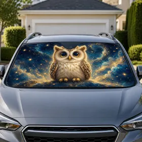 Cute Midnight Blue Baby Owl With Golden Stars For Cozy Commutes And Weekend Road Trips Car Sunshade