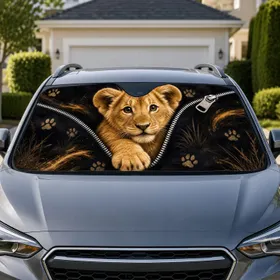 Realistic Lion Cub Peeking Through Zipper On Black Safari Decor For Animal Lovers Car Sunshade