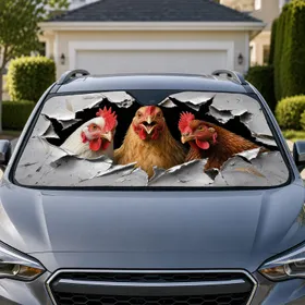 Realistic Three Chickens Peeking Through Torn Metal Farmhouse Humor For Poultry Fans Car Sunshade