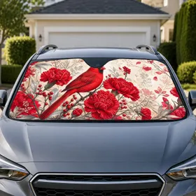 Red Cardinal And Carnation Floral Scene For Nature Lovers And Winter Garden Style Car Sunshade