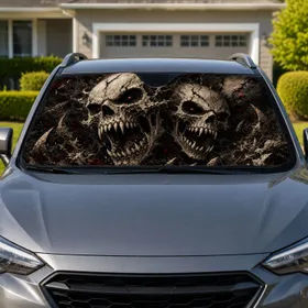 Ferocious Gothic Skull Duo With Crimson Eyes For Horror Fans And Dark Fantasy Decor Car Sunshade