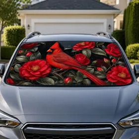 Red Cardinal With Roses And Camellias For Elegant Garden Wildlife Holiday Lovers Car Sunshade